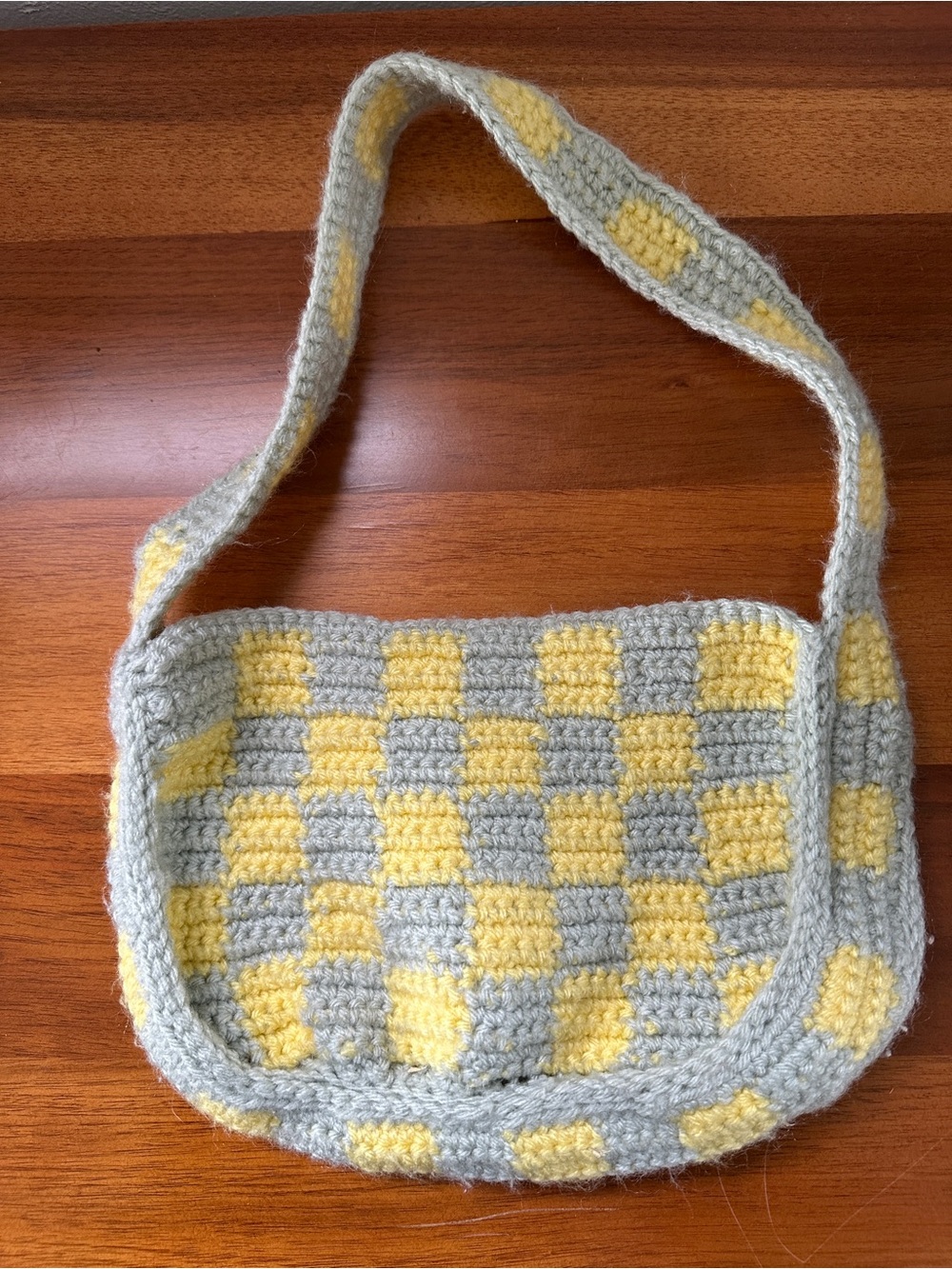 Crochet Checker Shoulder Bag in Yellow and Gray